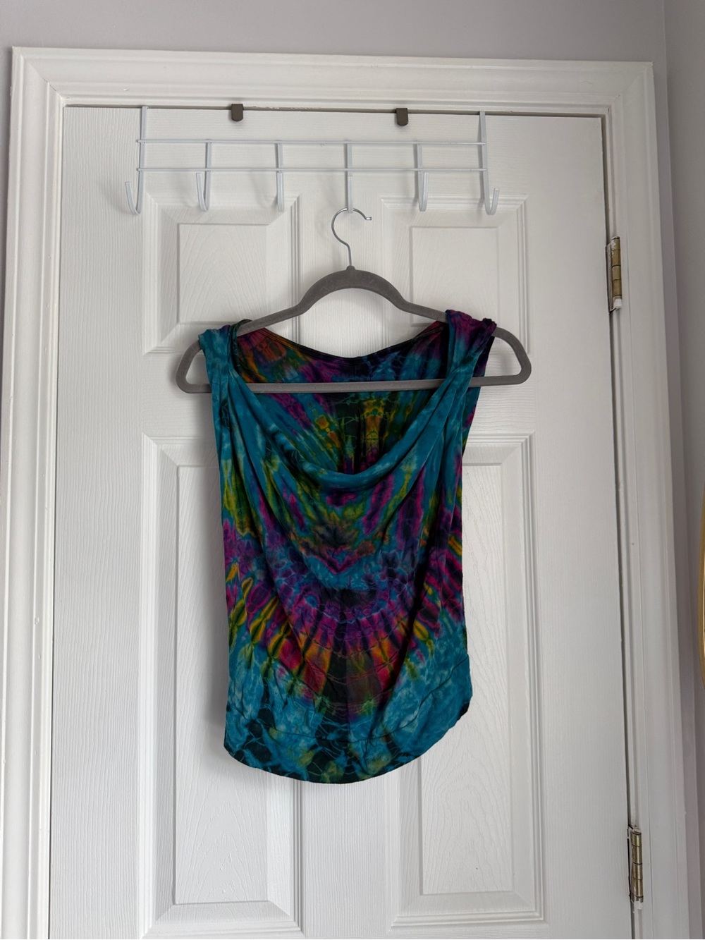 Tie-Dye Sleeveless Cowl Neck Top - Teal & Multicolor size Small